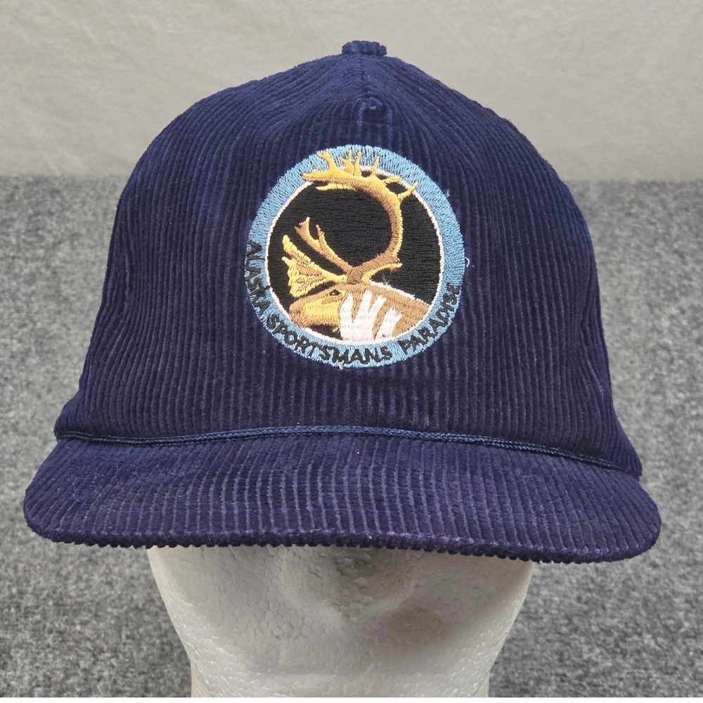 Vintage Alaska Snapback Hat Navy Blue Corduroy Cap Elk Wildlife Hunting Outdoors